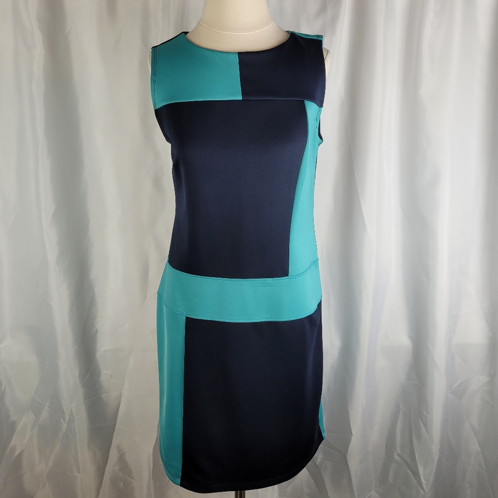 Enfocus Studio Teal Navy Color Block Scuba Stretch Popover Midi Dress Size 8 - Picture 1 of 10